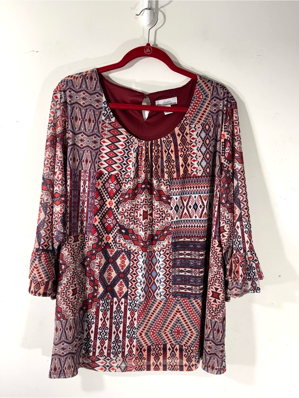 C & J Banks Patchwork Geometric Belle Sleeve Mesh tunic Sz 2X